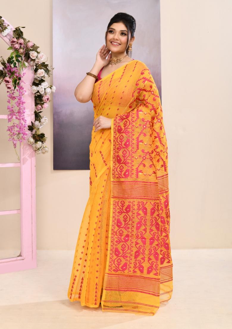 Yellow Jamdani Cotton Saree Set - Indya
