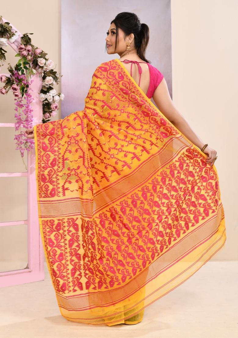 Yellow Jamdani Cotton Saree Set - Indya