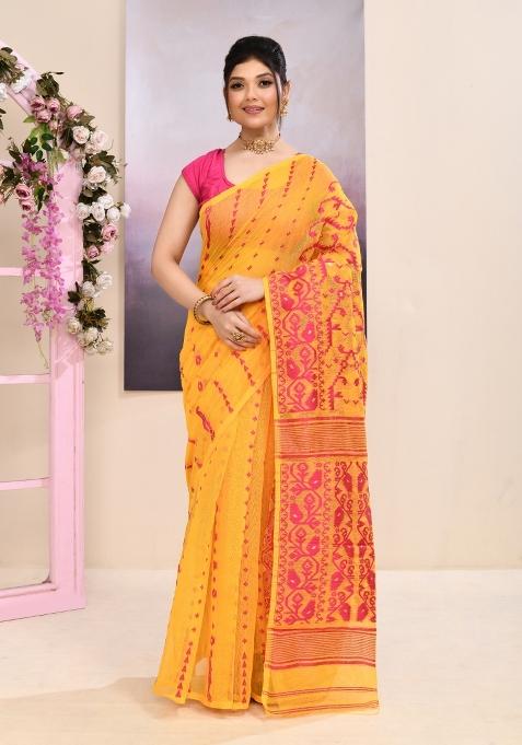 Yellow Jamdani Cotton Saree Set