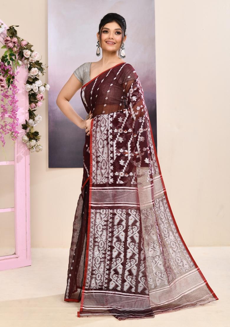 Wine Jamdani Cotton Saree Set - Indya