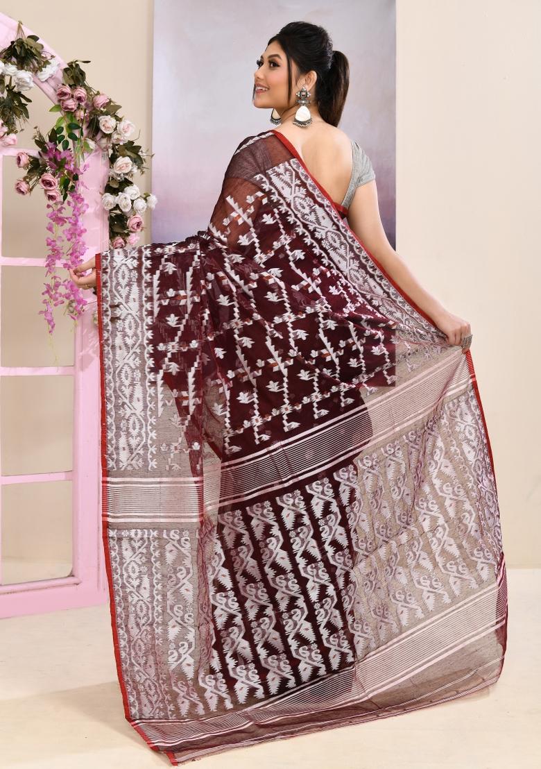 Wine Jamdani Cotton Saree Set - Indya