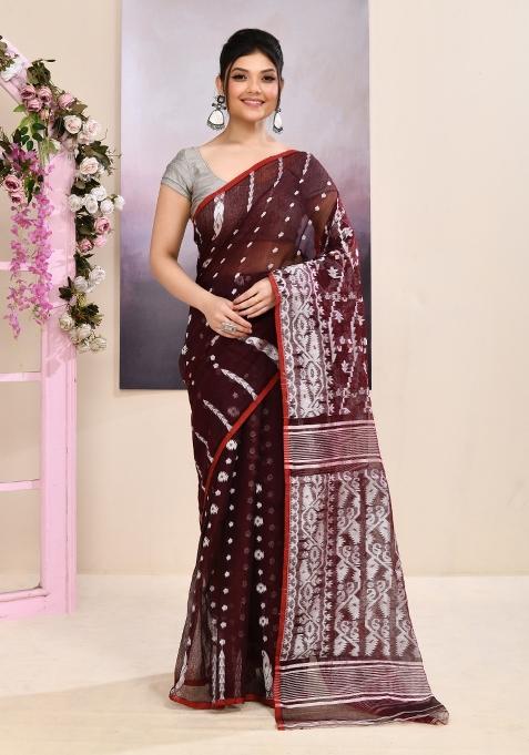 Wine Jamdani Cotton Saree Set