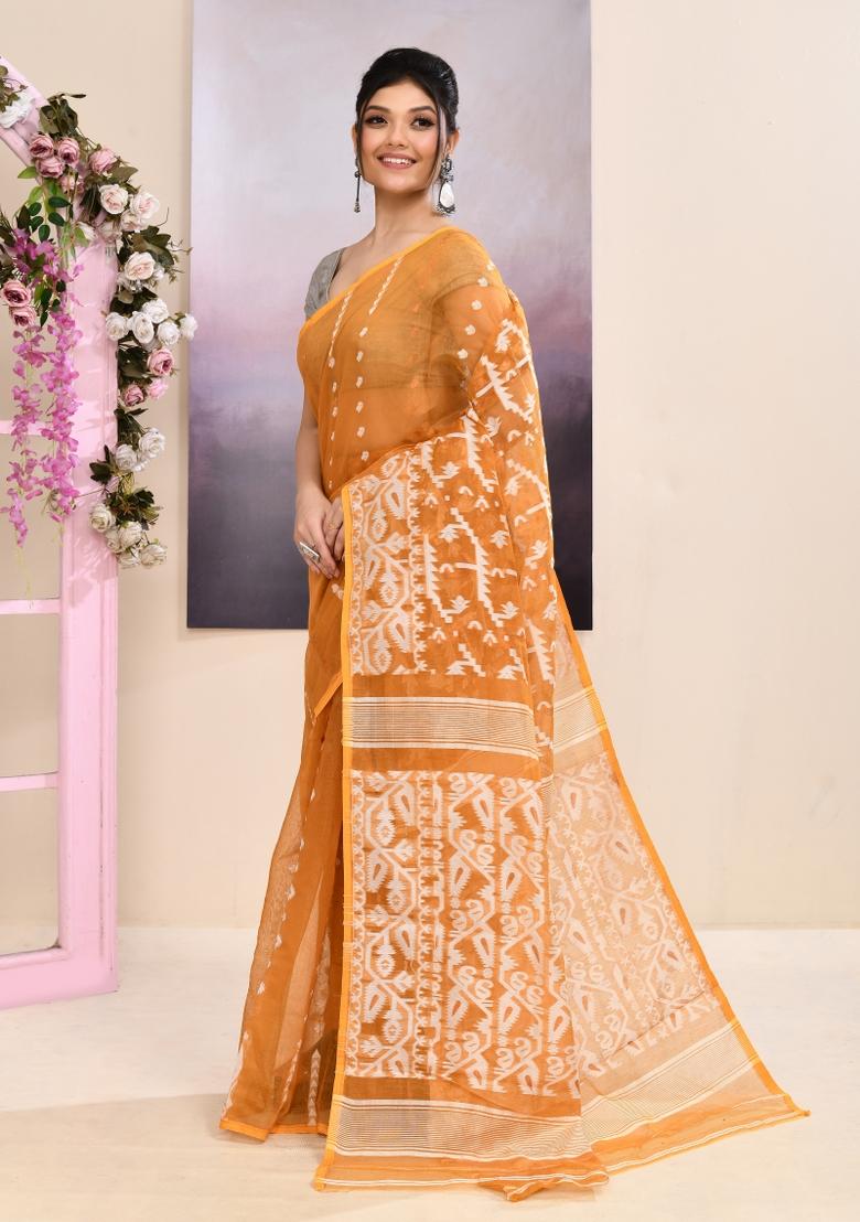 Mustard Jamdani Cotton Saree Set - Indya