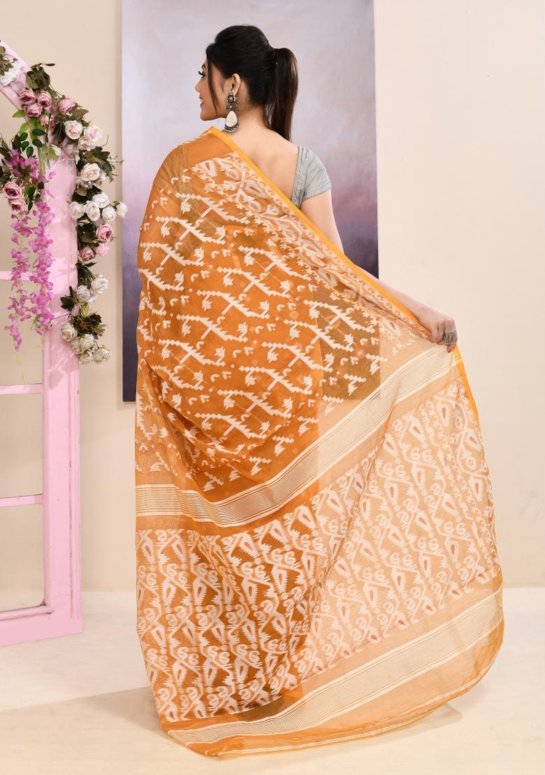 Mustard Jamdani Cotton Saree Set - Indya