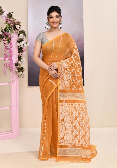 Mustard Jamdani Cotton Saree Set