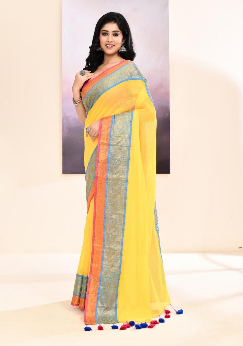 Yellow Handloom Cotton Saree Set - Indya