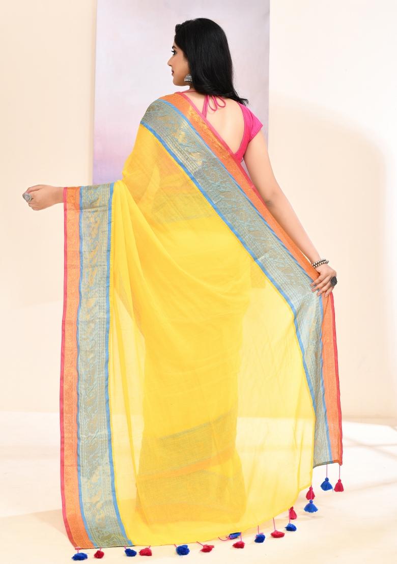 Yellow Handloom Cotton Saree Set - Indya