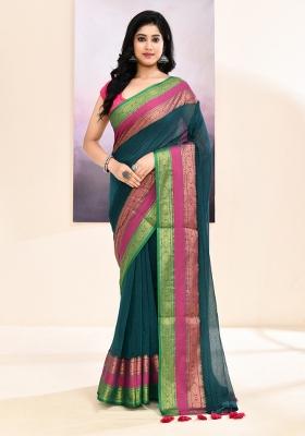 Teal Handloom Cotton Saree Set