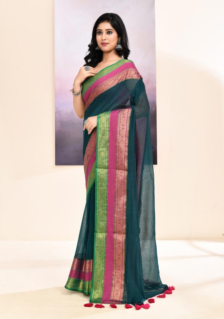 Teal Handloom Cotton Saree Set - Indya