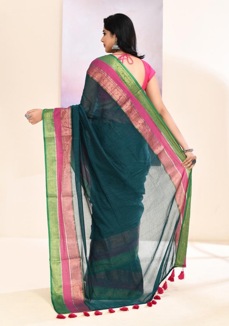 Teal Handloom Cotton Saree Set - Indya
