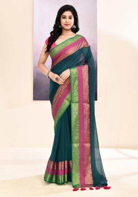 Teal Handloom Cotton Saree Set