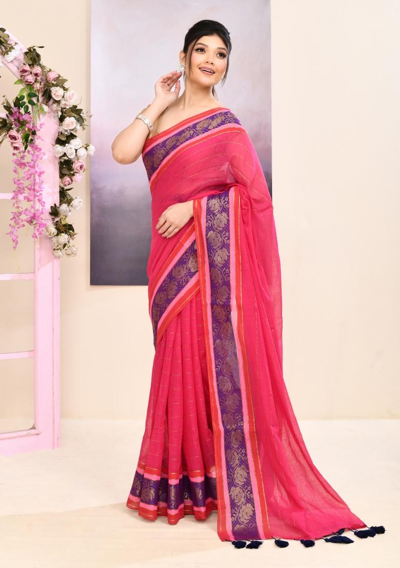Pink Handloom Cotton Saree Set - Indya