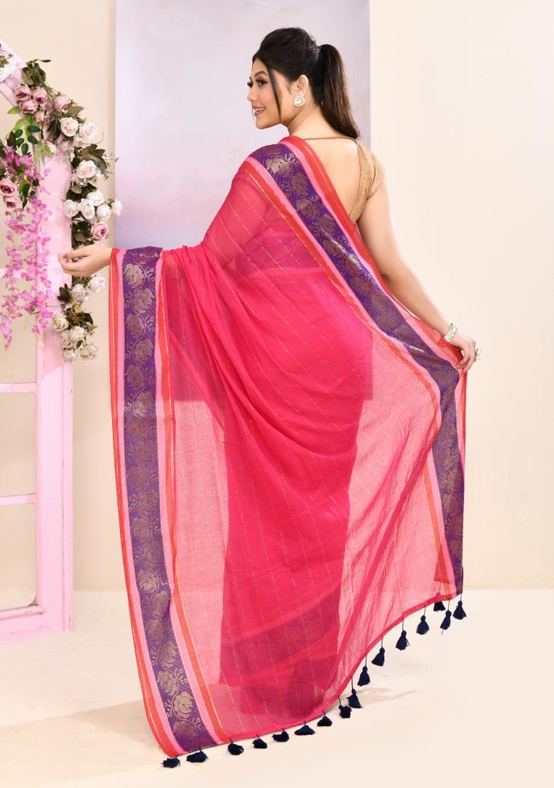 Pink Handloom Cotton Saree Set - Indya