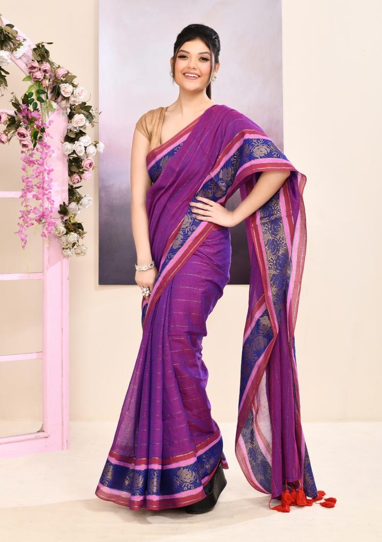Purple Handloom Cotton Saree Set - Indya