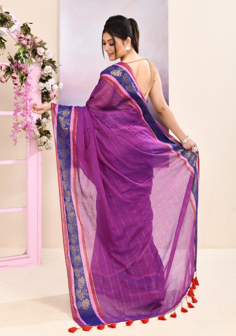 Purple Handloom Cotton Saree Set - Indya