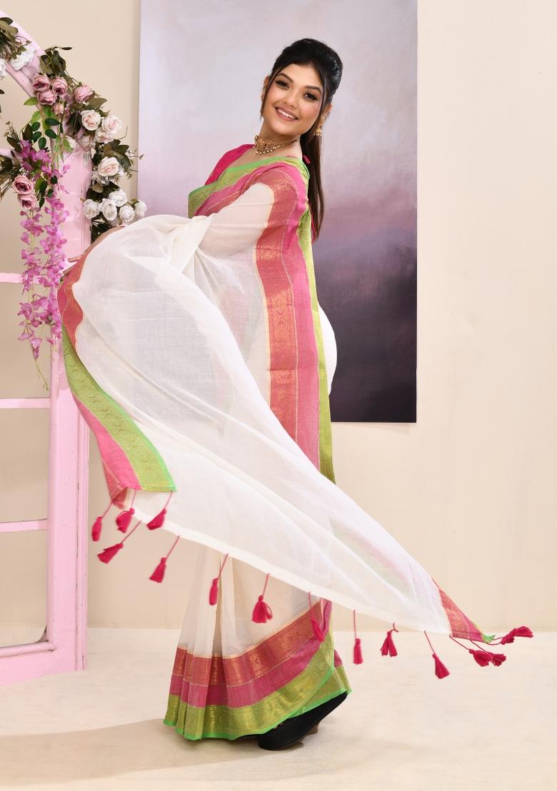 Off White Handloom Cotton Saree Set - Indya