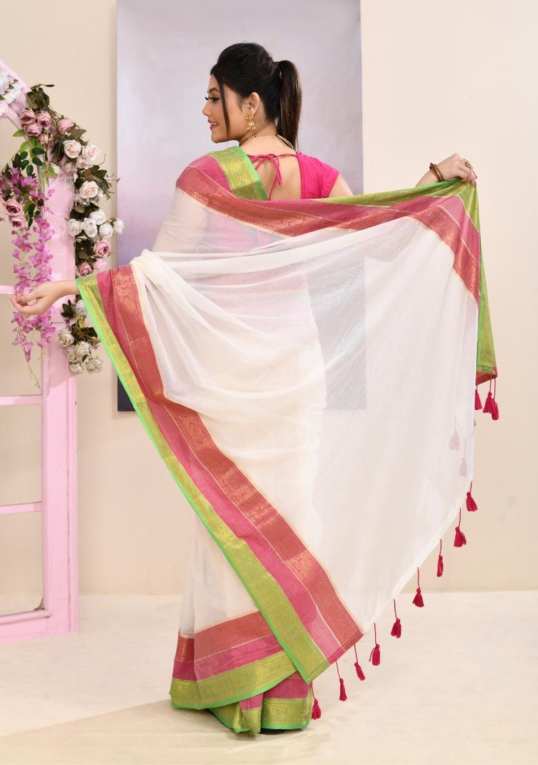 Off White Handloom Cotton Saree Set - Indya