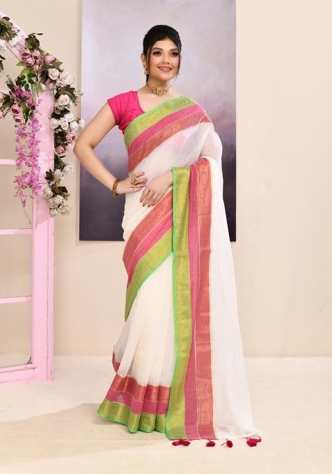 Off White Handloom Cotton Saree Set