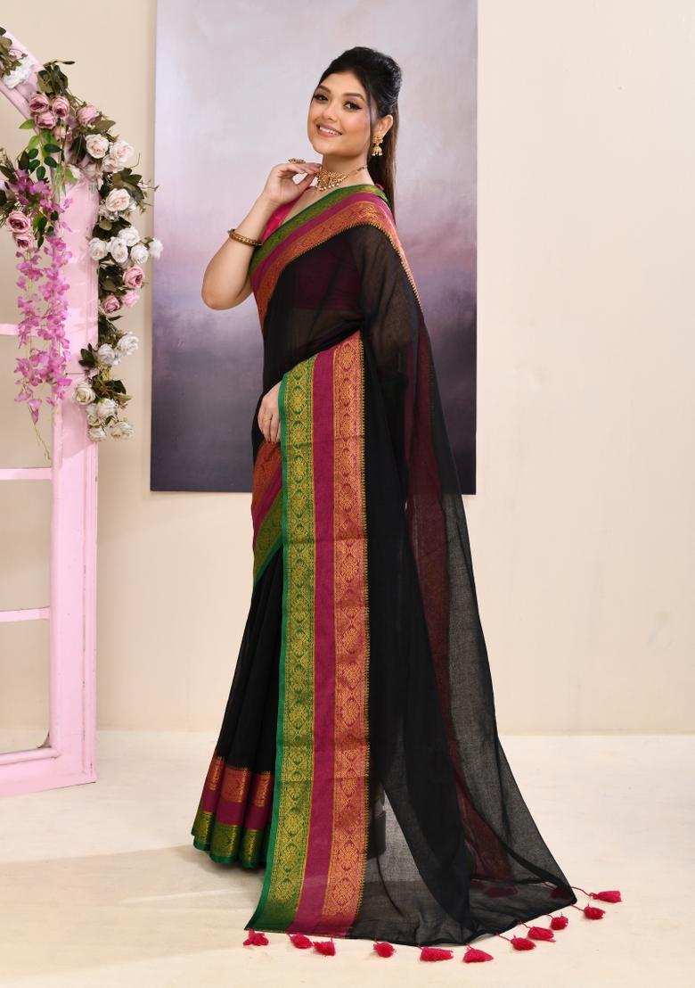 Black Handloom Cotton Saree Set - Indya