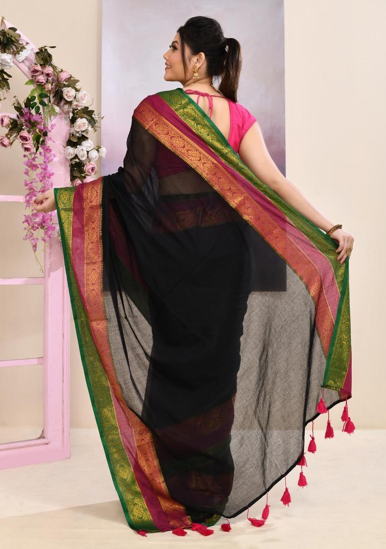 Black Handloom Cotton Saree Set - Indya