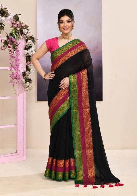 Black Handloom Cotton Saree Set