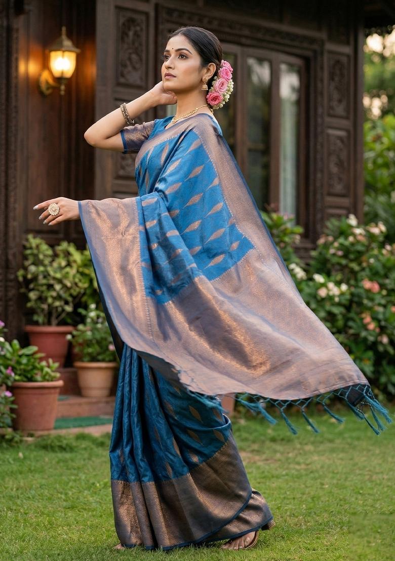 Blue Zari Work Banarasi Saree Set - Indya
