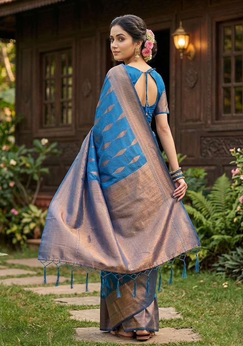 Blue Zari Work Banarasi Saree Set for Diwali and Festive Wear - Indya