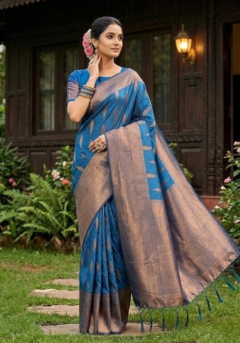 Blue Zari Work Banarasi Saree Set