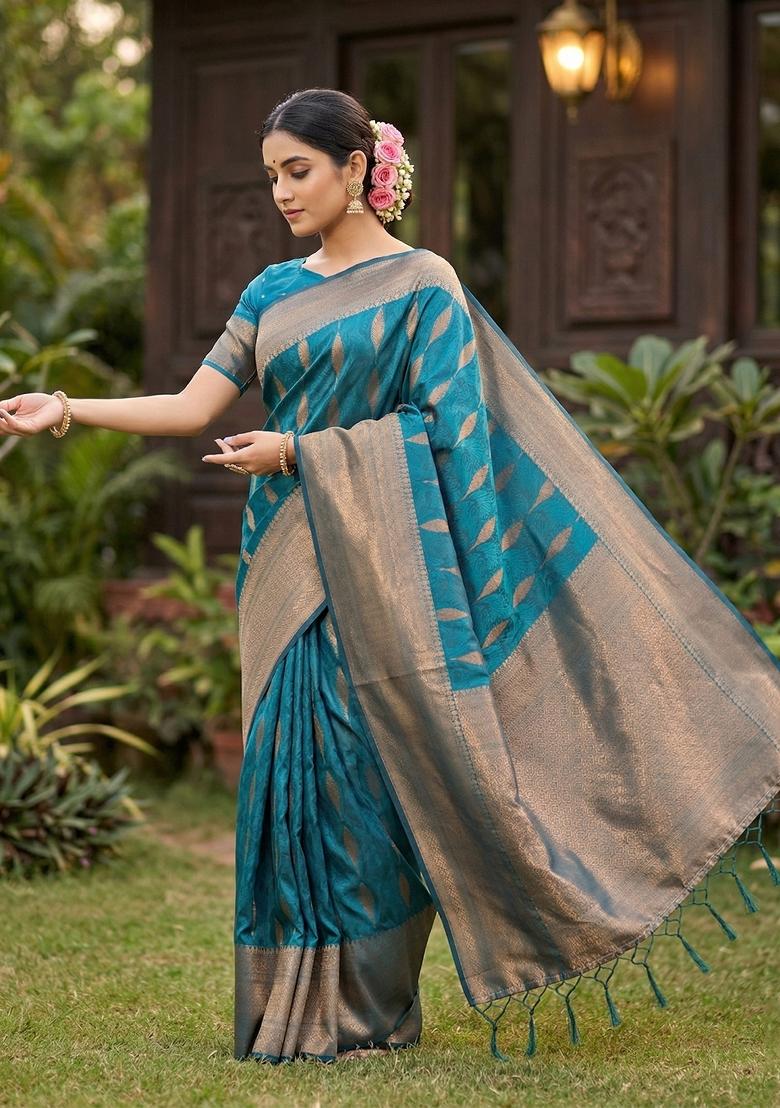 Sea Green Zari Work Banarasi Saree Set - Indya