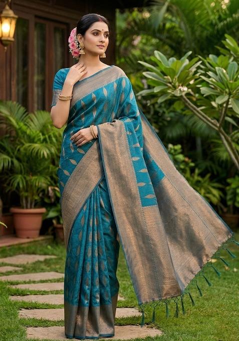 Sea Green Zari Work Banarasi Saree Set