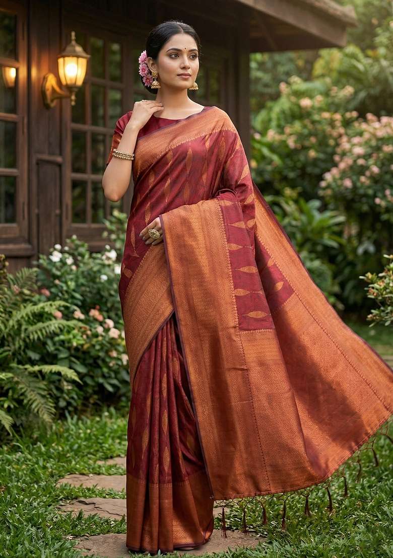 Maroon Banarasi Saree Set with Zari Work for Diwali | Wedding & Festive Wear - Indya