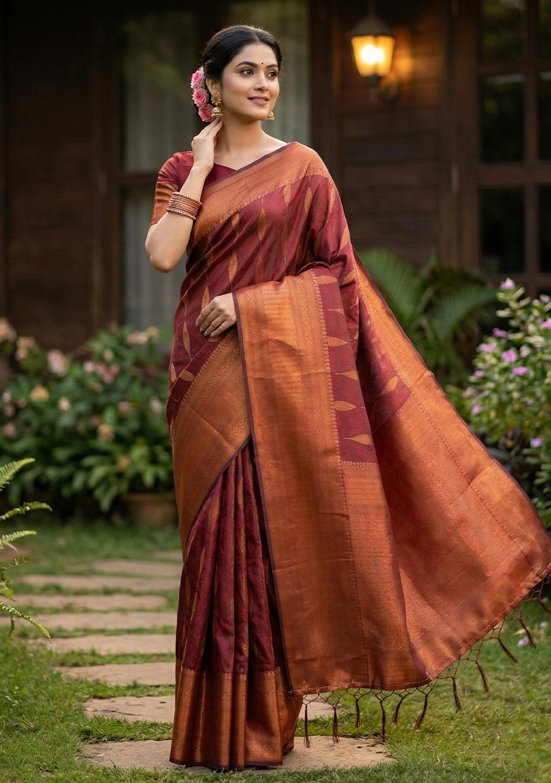 Maroon Zari Work Banarasi Saree Set - Indya