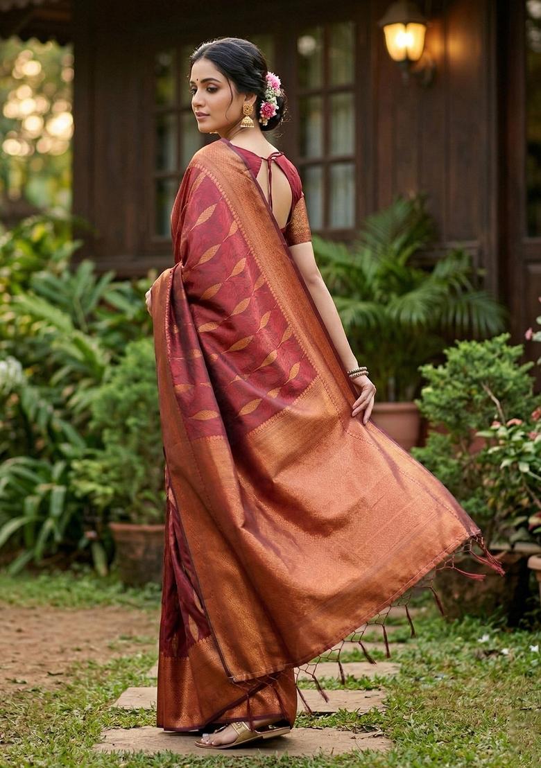 Maroon Zari Work Banarasi Saree Set - Indya