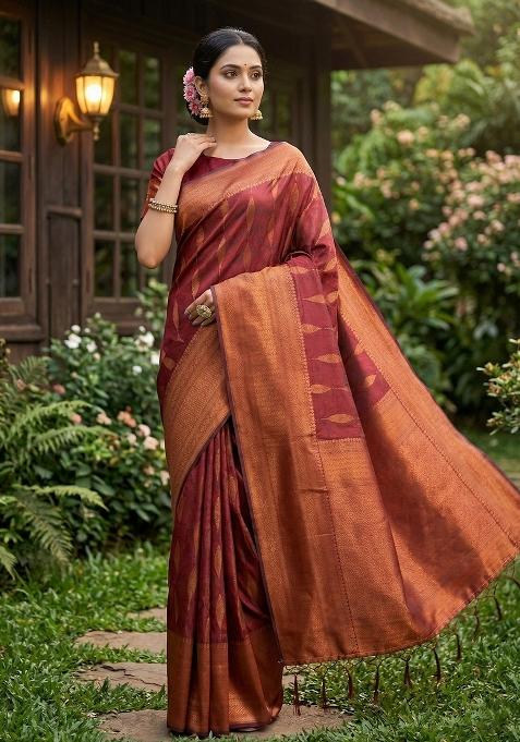 Maroon Zari Work Banarasi Saree Set