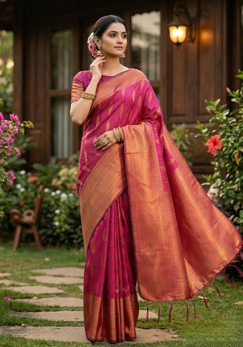 Pink Zari Work Banarasi Saree Set