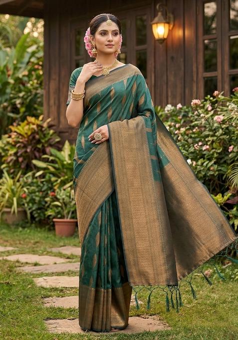 Dark Green Zari Work Banarasi Saree Set