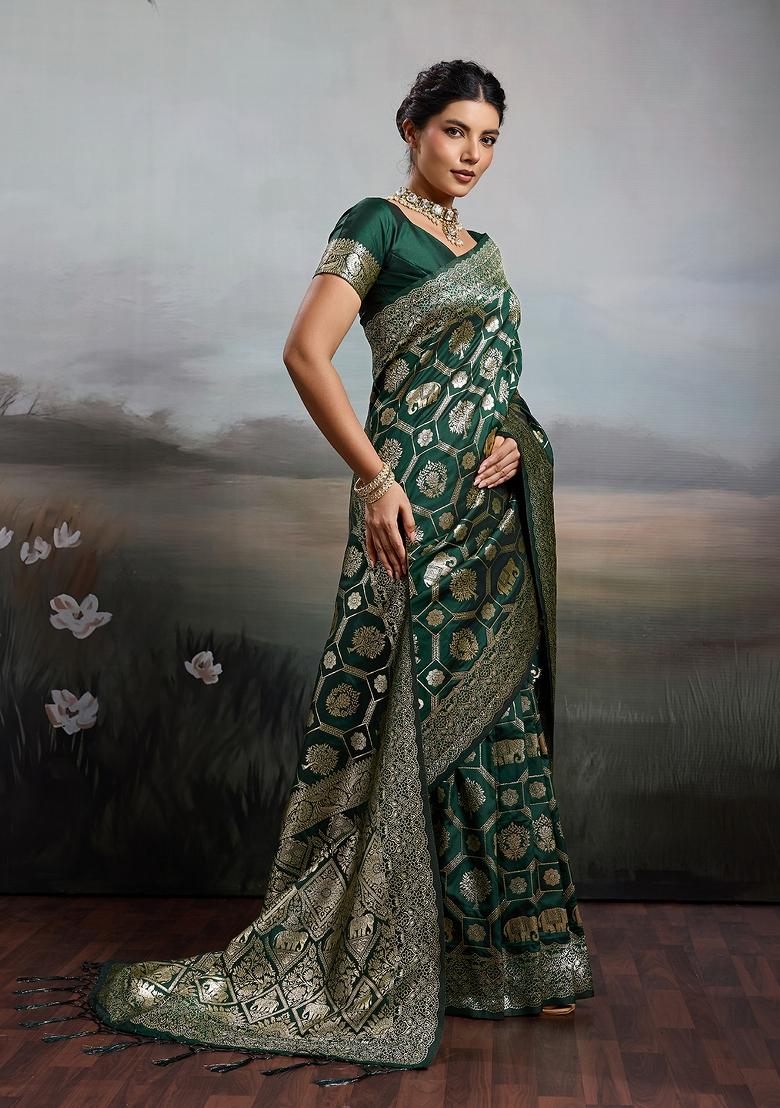 Dark Green Zari Work Banarasi Saree Set - Indya
