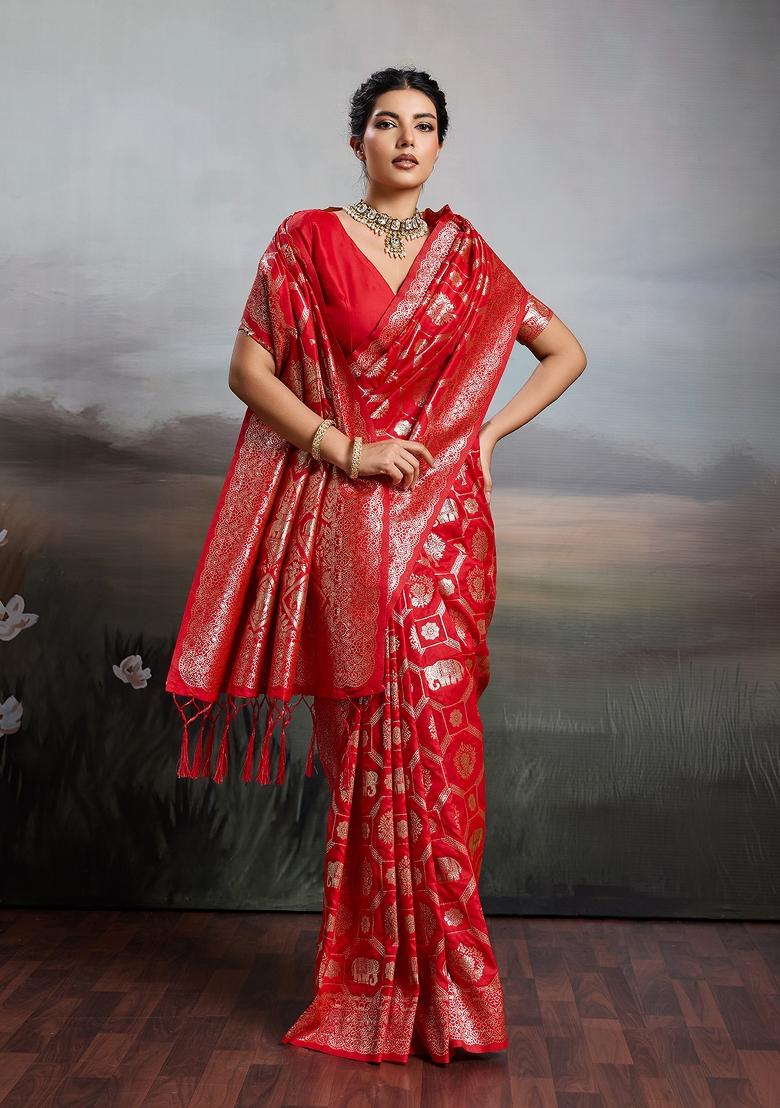Red Zari Work Banarasi Saree Set - Indya