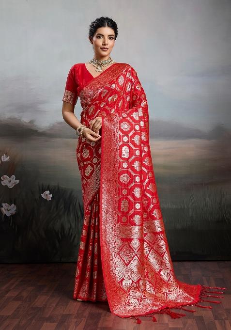 Red Zari Work Banarasi Saree Set
