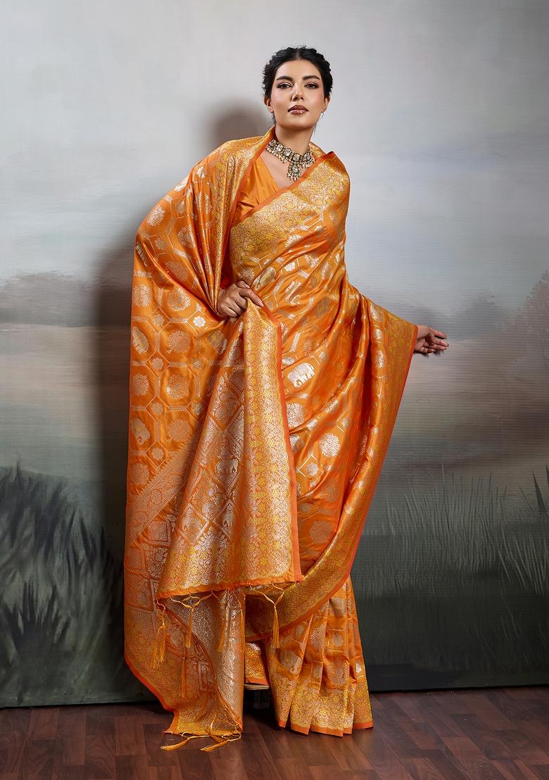 Orange Zari Work Banarasi Saree Set - Indya