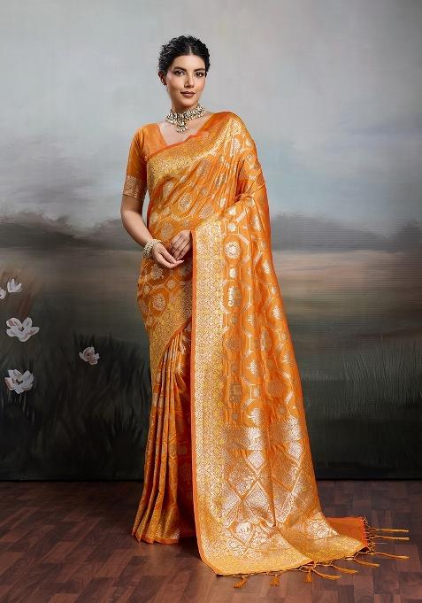 Orange Zari Work Banarasi Saree Set