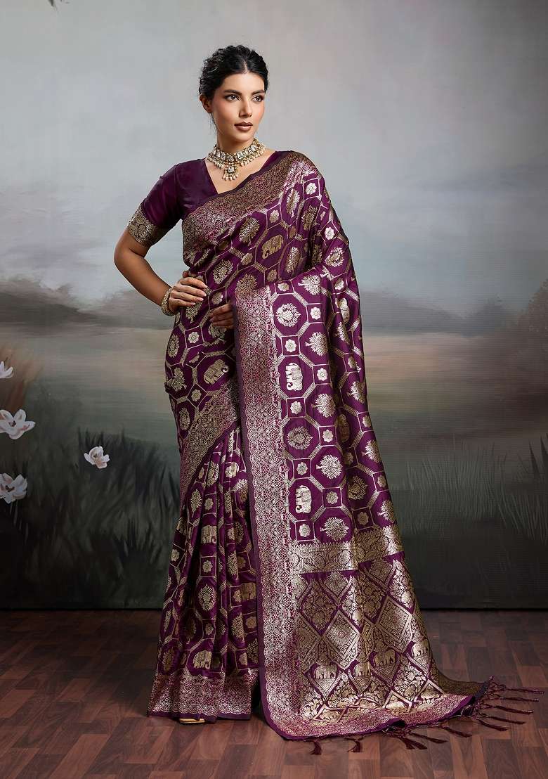 Blue Banarasi Saree Set with Zari Work for Diwali | Wedding & Festive Wear - Indya