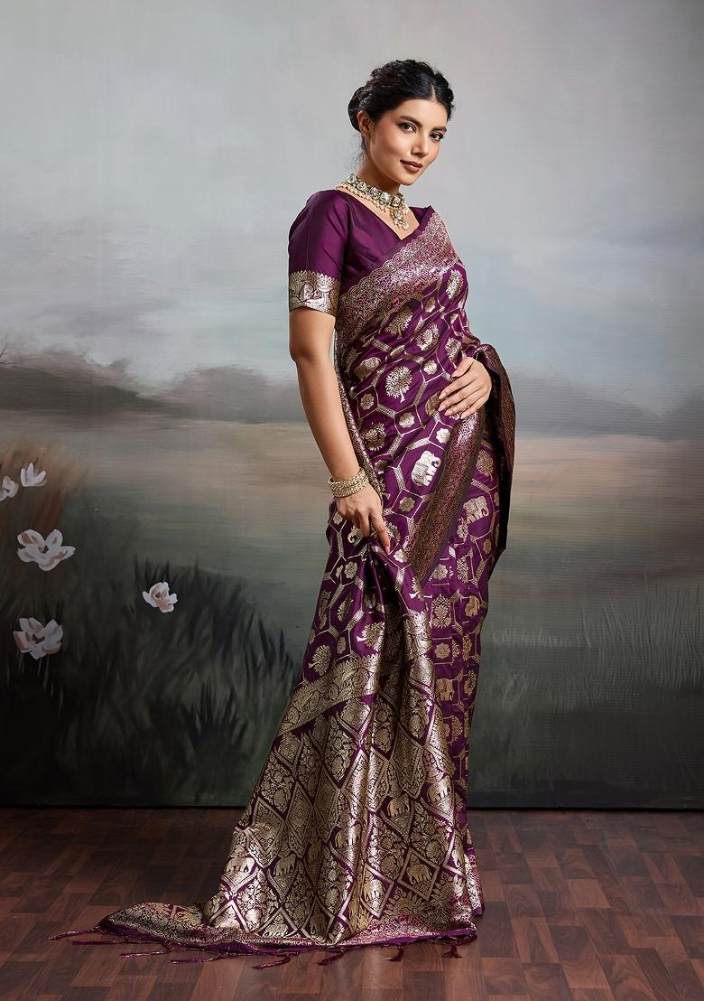 Blue Zari Work Banarasi Saree Set - Indya
