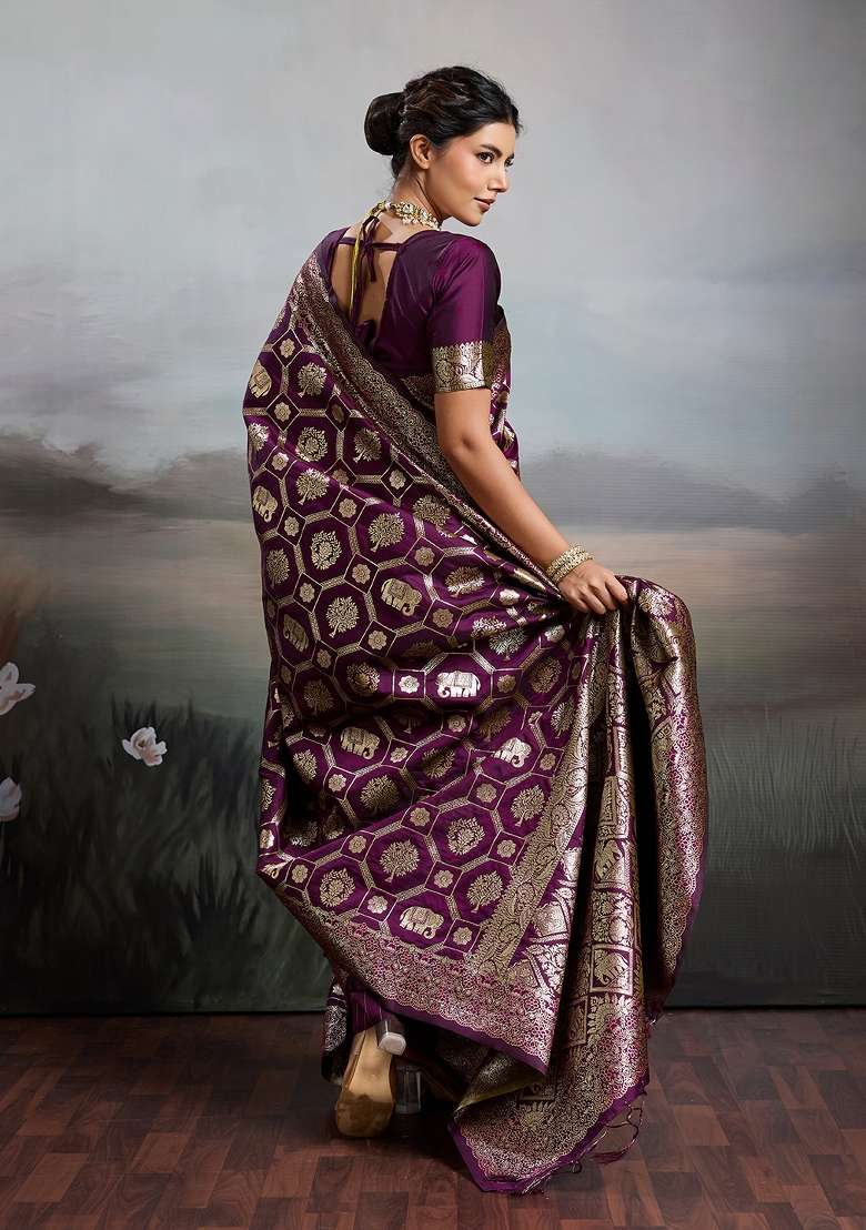Blue Banarasi Saree Set with Zari Work for Diwali | Wedding & Festive Wear - Indya