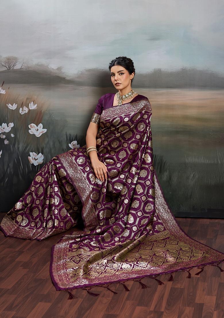 Blue Zari Work Banarasi Saree Set - Indya
