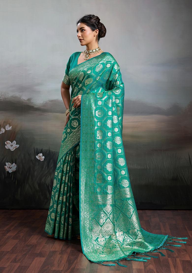 Sea Green Zari Work Banarasi Saree Set - Indya