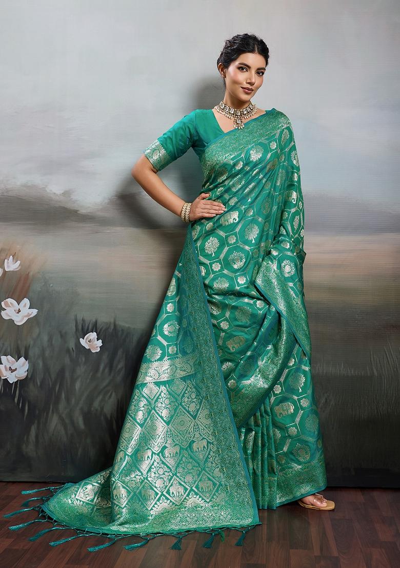Sea Green Zari Work Banarasi Saree Set - Indya