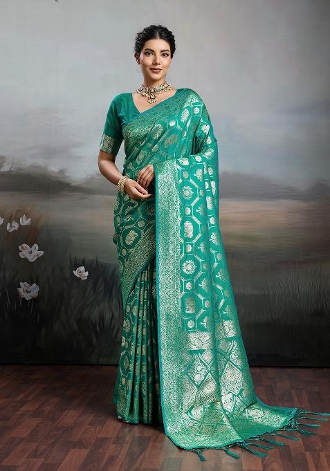 Sea Green Zari Work Banarasi Saree Set