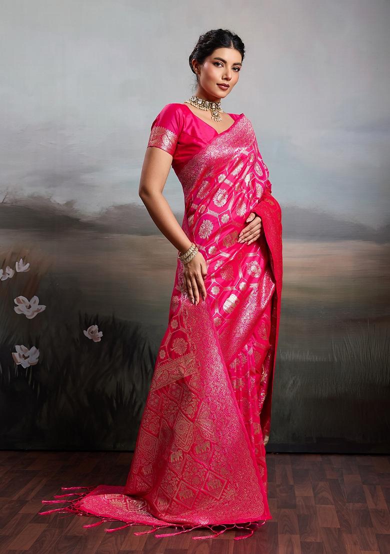 Pink Zari Work Banarasi Saree Set - Indya