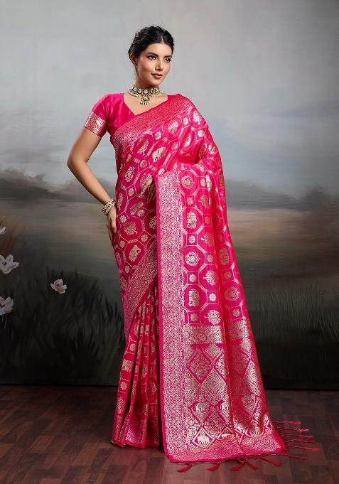 Pink Zari Work Banarasi Saree Set